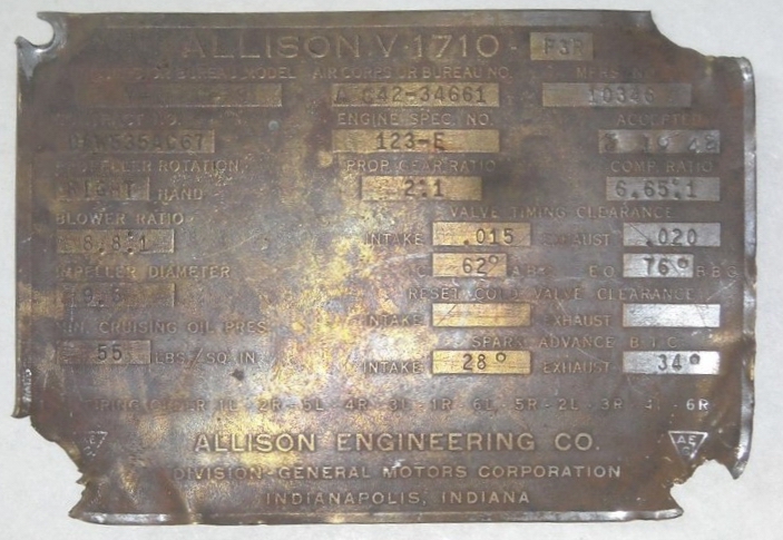 Заводская шильда с номером мотора «Аллисон» №10346.